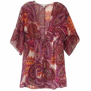 CABI Kimono Sleeve Red Paisley Toe Front Cardigan Shrug Top Size Medium